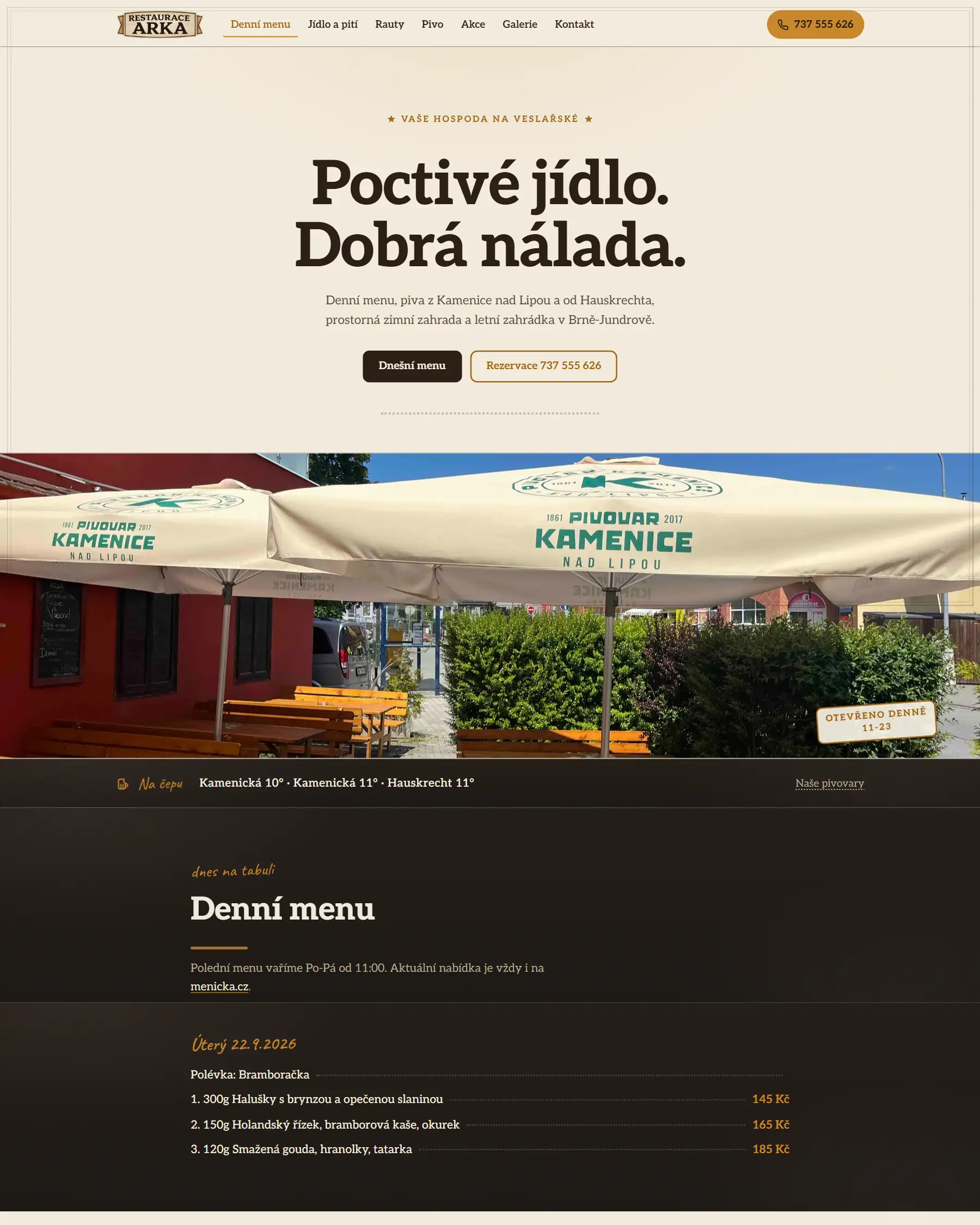 Úvodní stránka webu restauracearka.cz - Restaurace Arka