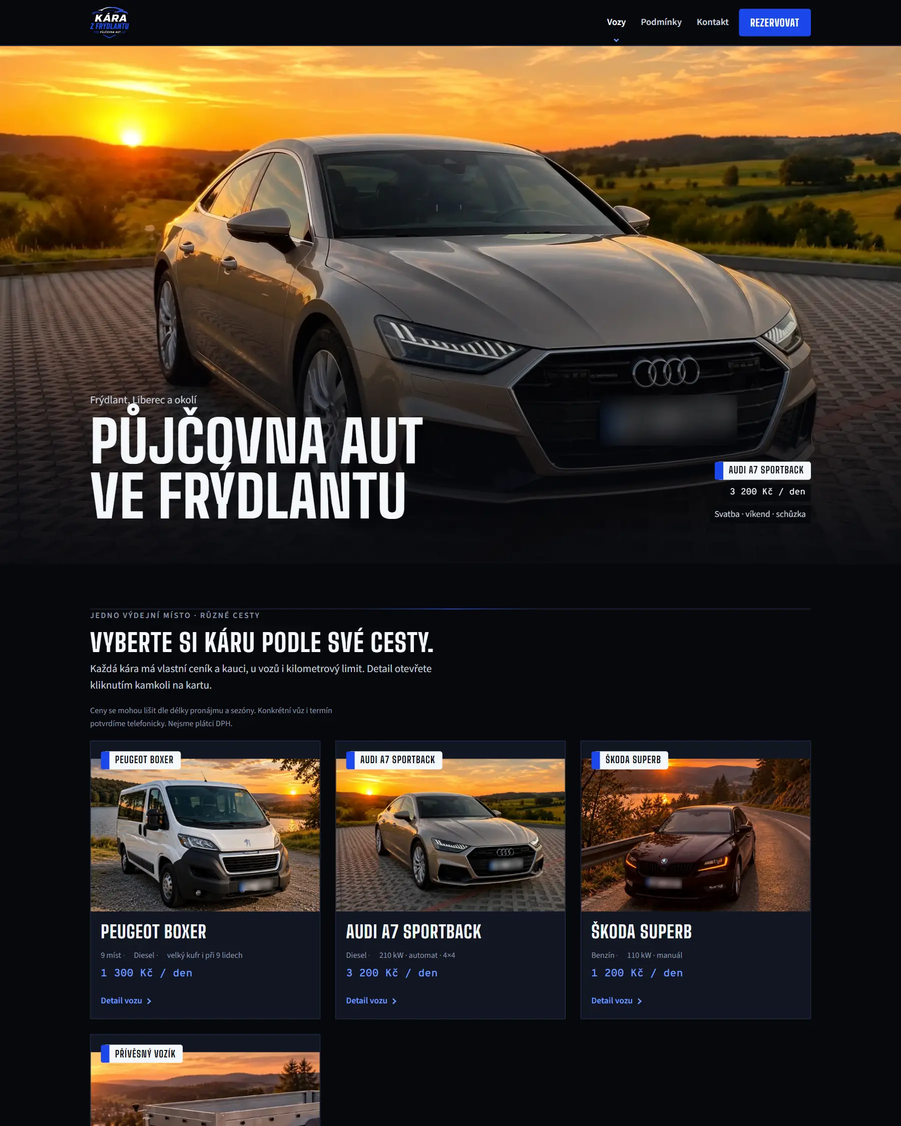 Úvodní stránka webu karafrydlant.cz - půjčovna aut