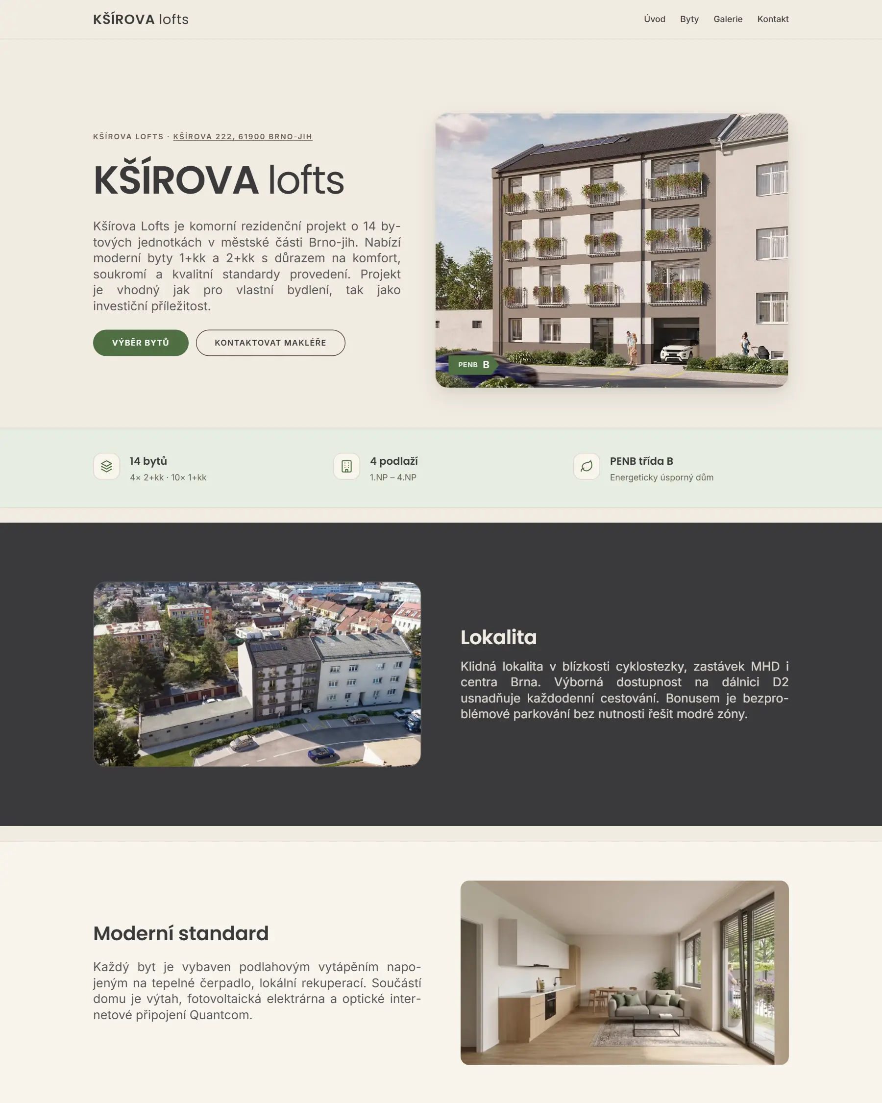Úvodní stránka webu ksirovalofts.cz - rezidenční projekt Kšírova lofts