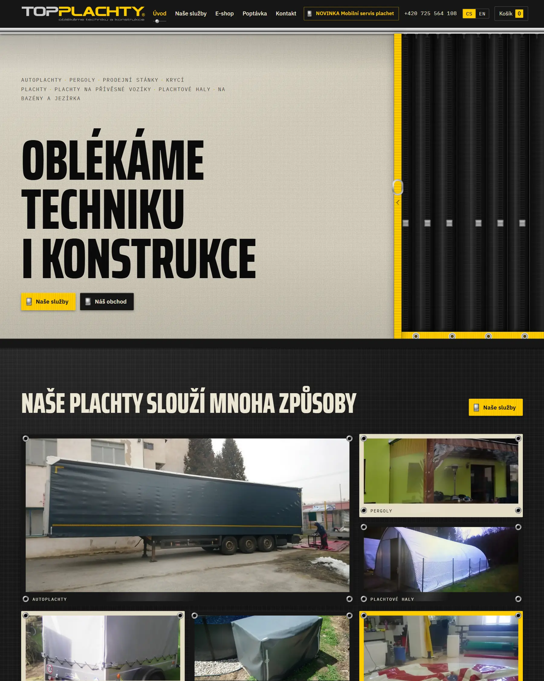 Úvodní stránka webu topplachty.cz - výroba plachet