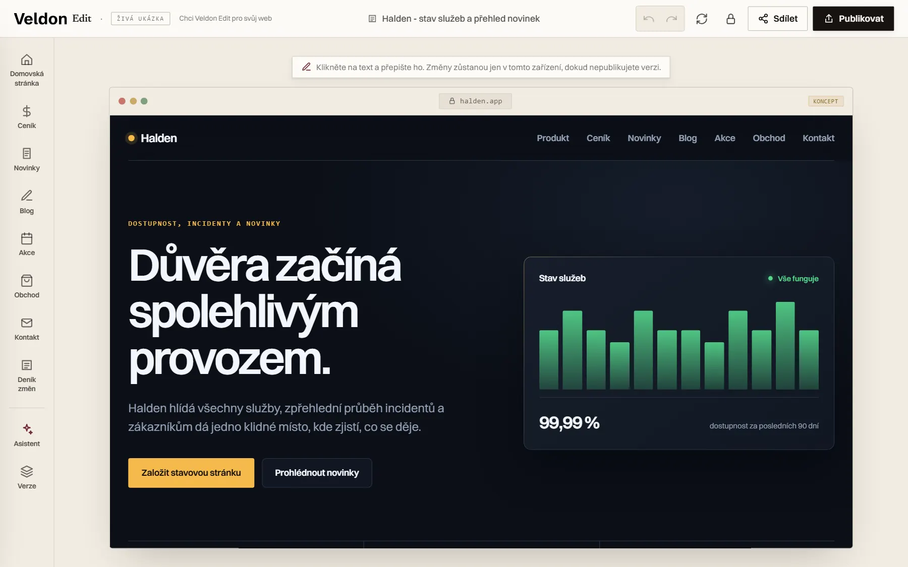 Editor Veldon Edit otevřený na ukázkovém webu
